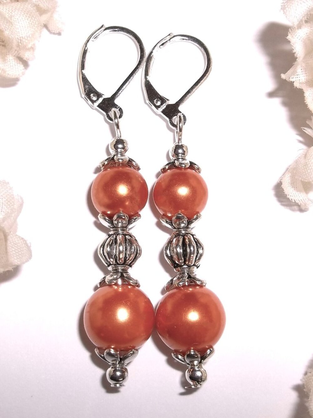 Orange Earrings Silver Beaded Dangle Drop Faux Pearl Set Pair Jewelry Gift D9114